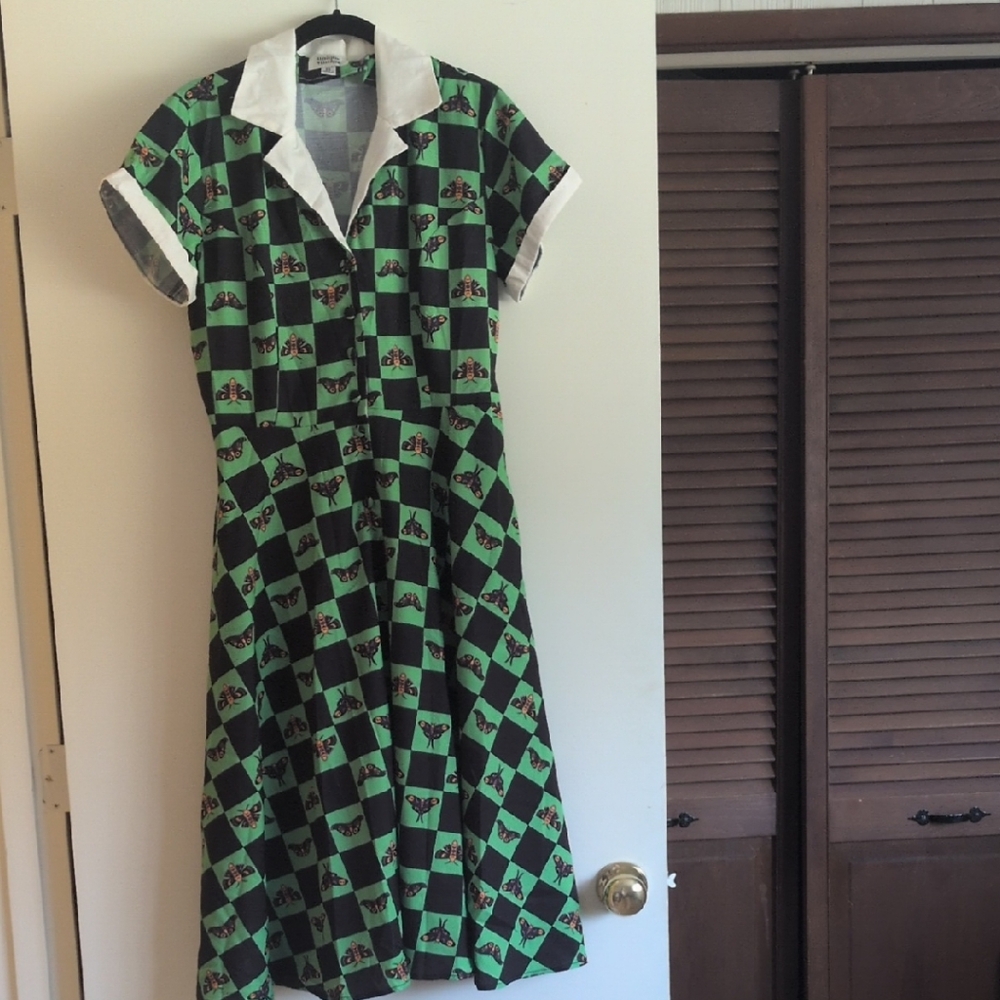 Unique Vintage Green and Black Butterfly Print Dress